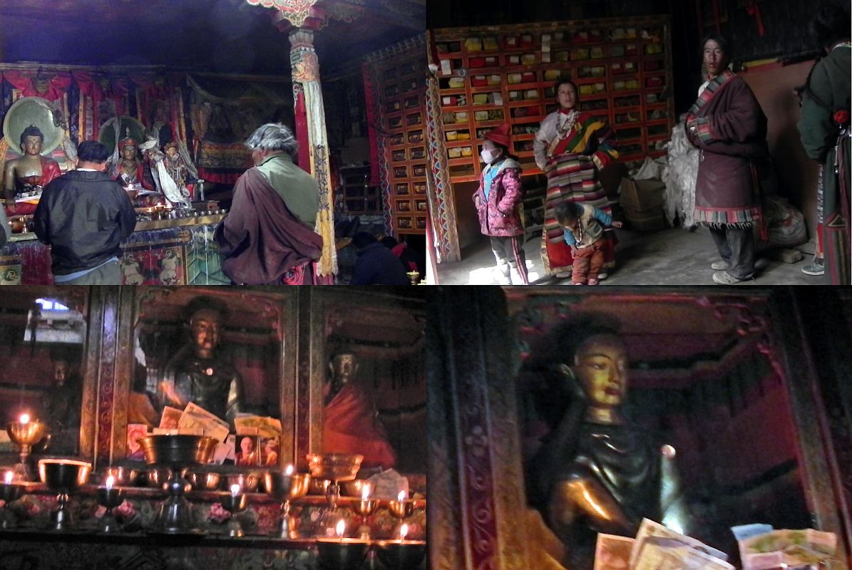 65 Zutulpuk Gompa Main Altar, Pilgrims, Milarepa Statue In The Miracle Cave On Mount Kailash Outer Kora The main altar of Zutulpuk Gompa (4828m) contains statues of Shakyamuni, and Padmasambhava (Guru Rinpoche) just to the left of the miracle cave. Many pilgrims were visiting the Gompa and praying to the statue of Milarepa in the miracle cave.